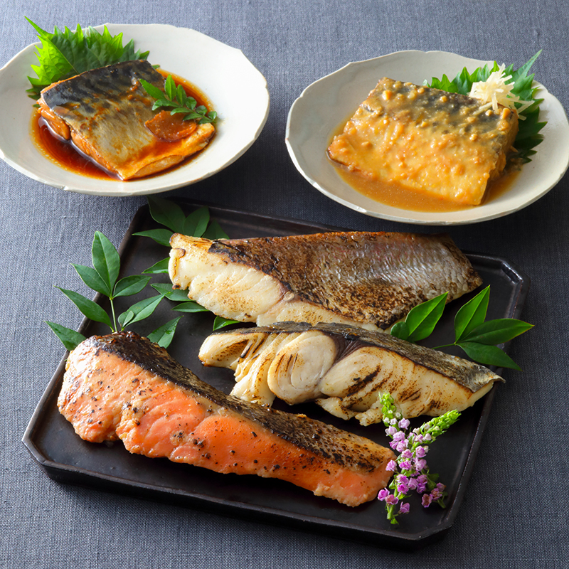 『魚匠えびす』の <br>天然真鯛・サバ・ギンサケ・サワラ 4種（合計5種）のお魚食べ比べギフト【凪】